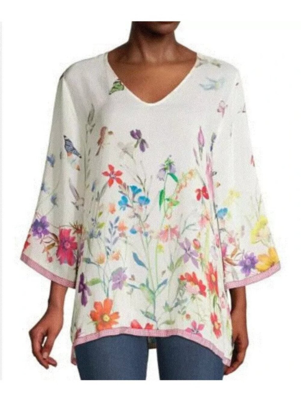 Johnny Was sz S Suri Floral Print Boho V-Neck Tunic Top White flower Small birds